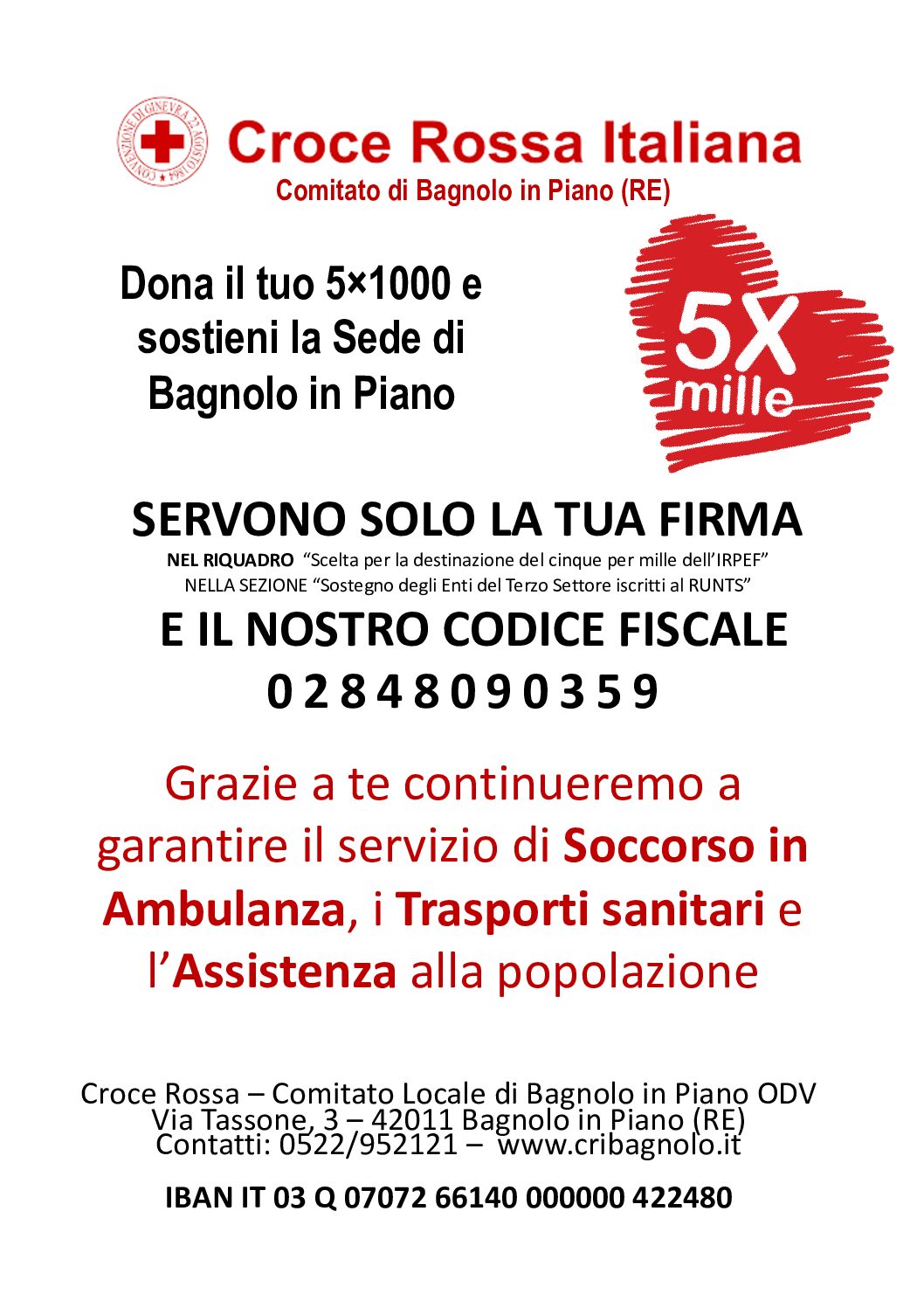 Dona il 5×1000 alla Croce Rossa Italiana di Bagnolo in Piano